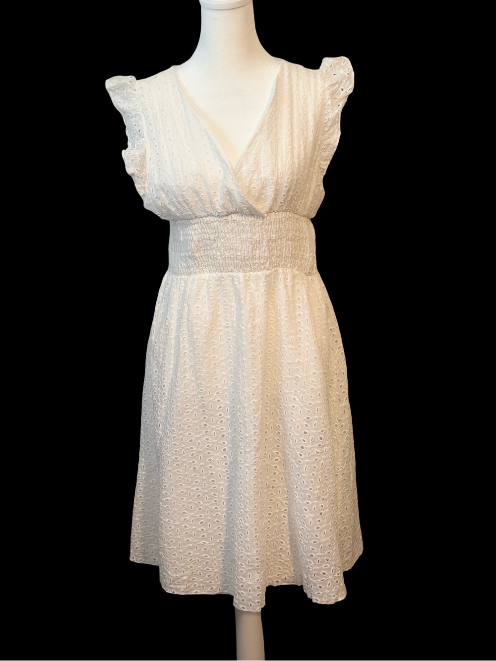 White Cotton Eyelet Smocked Waist Ruffled Sleeve Cottage Prairie Milkmaid Dress